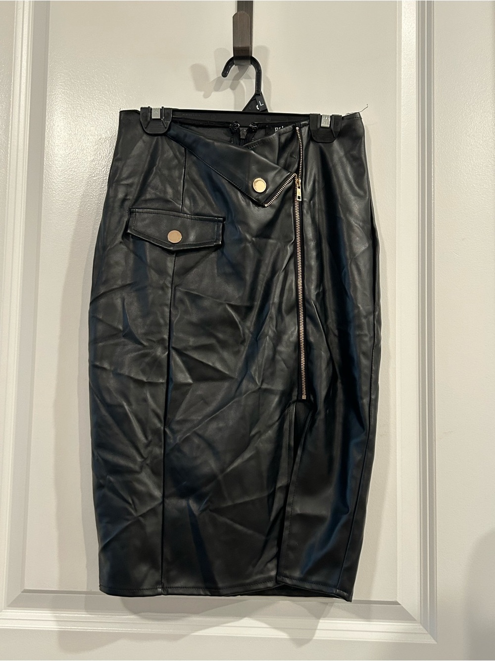 privy Black Faux Leather Pencil Skirt with Zip & Flap Pocket